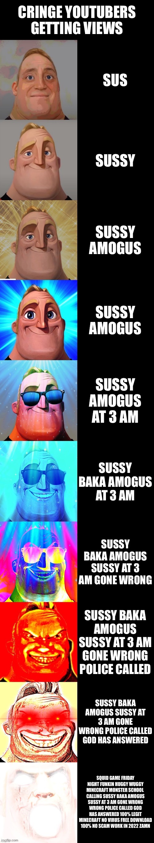 Amongogus | CRINGE YOUTUBERS GETTING VIEWS; SUS; SUSSY; SUSSY AMOGUS; SUSSY AMOGUS; SUSSY AMOGUS AT 3 AM; SUSSY BAKA AMOGUS AT 3 AM; SUSSY BAKA AMOGUS SUSSY AT 3 AM GONE WRONG; SUSSY BAKA AMOGUS SUSSY AT 3 AM GONE WRONG POLICE CALLED; SUSSY BAKA AMOGUS SUSSY AT 3 AM GONE WRONG POLICE CALLED GOD HAS ANSWERED; SQUID GAME FRIDAY NIGHT FUNKIN HUGGY WUGGY MINECRAFT MONSTER SCHOOL  CALLING SUSSY BAKA AMOGUS SUSSY AT 3 AM GONE WRONG WRONG POLICE CALLED GOD HAS ANSWERED 100% LEGIT MINECRAFT NO VIRUS FREE DOWNLOAD 100% NO SCAM WORK IN 2022 ZAMN | image tagged in mr incredible becoming canny | made w/ Imgflip meme maker