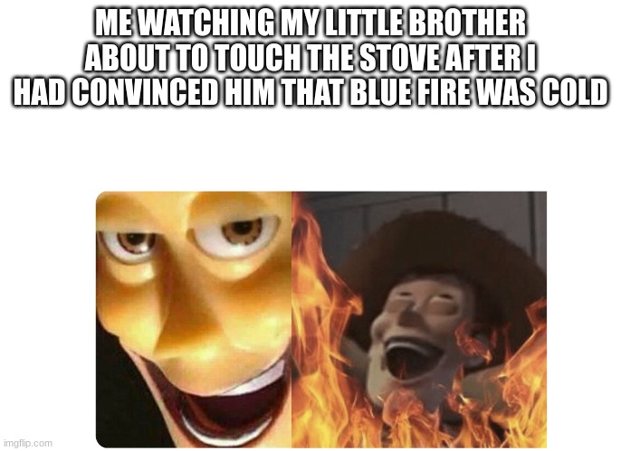 Satanic Woody | ME WATCHING MY LITTLE BROTHER ABOUT TO TOUCH THE STOVE AFTER I HAD CONVINCED HIM THAT BLUE FIRE WAS COLD | image tagged in satanic woody | made w/ Imgflip meme maker