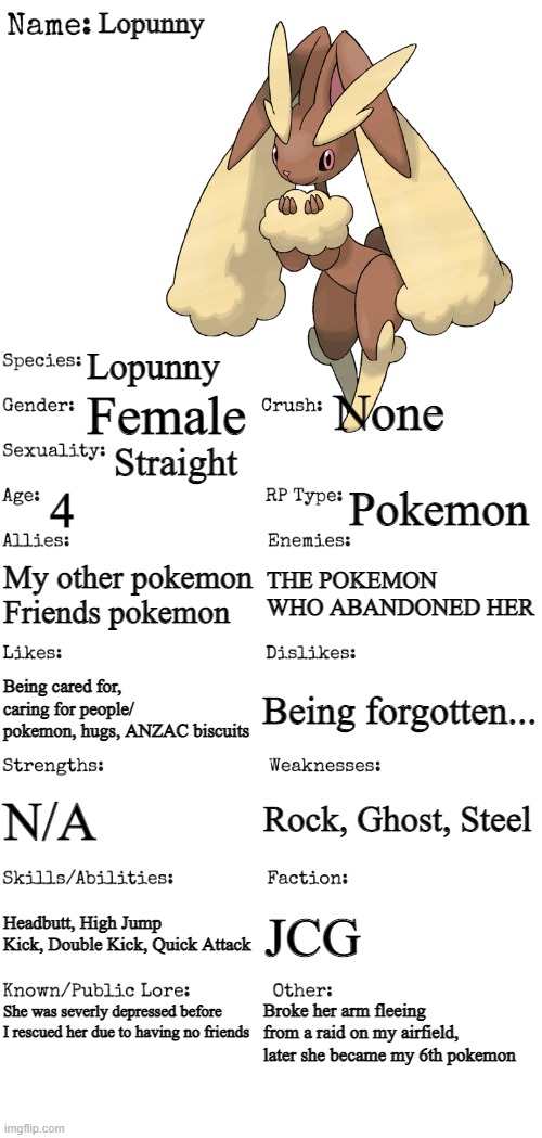 at least she only got caught in the crossfire, not in someone's crosshairs | Lopunny; Lopunny; None; Female; Straight; 4; Pokemon; My other pokemon
Friends pokemon; THE POKEMON WHO ABANDONED HER; Being forgotten... Being cared for, caring for people/ pokemon, hugs, ANZAC biscuits; Rock, Ghost, Steel; N/A; Headbutt, High Jump Kick, Double Kick, Quick Attack; JCG; She was severly depressed before I rescued her due to having no friends; Broke her arm fleeing from a raid on my airfield, later she became my 6th pokemon | image tagged in new oc showcase for rp stream | made w/ Imgflip meme maker