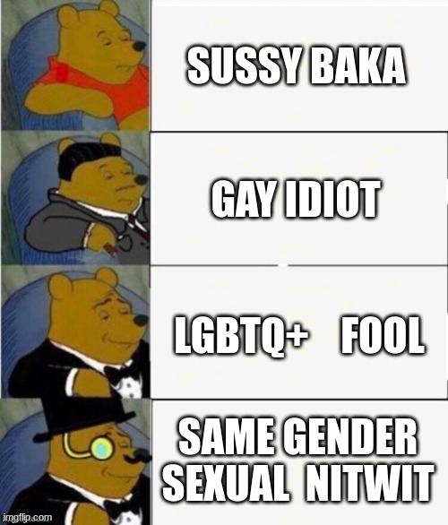 4 ways to say sussy baka |  SUSSY BAKA; GAY IDIOT; LGBTQ+    FOOL; SAME GENDER SEXUAL  NITWIT | image tagged in tuxedo winnie the pooh 4 panel | made w/ Imgflip meme maker