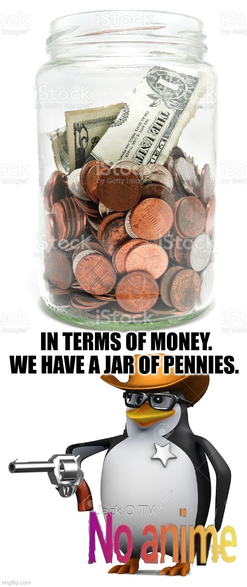 IN TERMS OF MONEY. WE HAVE A JAR OF PENNIES. | image tagged in no anime sheriff | made w/ Imgflip meme maker