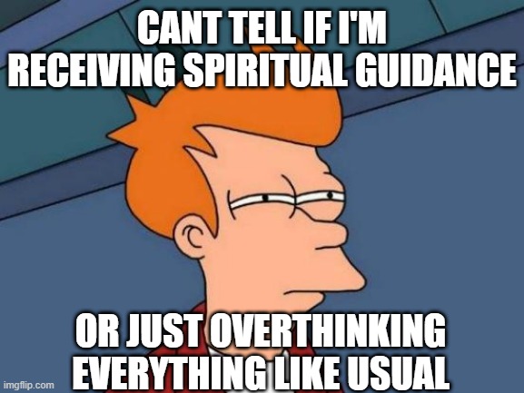 Guidance | CANT TELL IF I'M RECEIVING SPIRITUAL GUIDANCE; OR JUST OVERTHINKING EVERYTHING LIKE USUAL | image tagged in memes,futurama fry | made w/ Imgflip meme maker