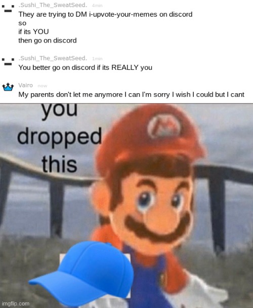 Has i-upvote-your-memes been online on discord? if yeah then hes capping | image tagged in mario | made w/ Imgflip meme maker