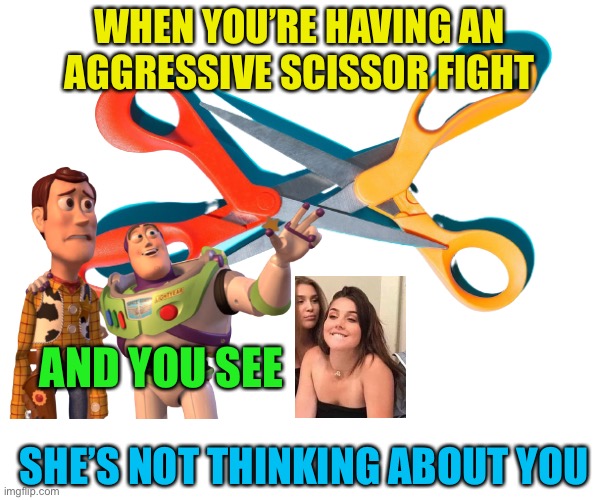 Don’t get bit by the scissors | WHEN YOU’RE HAVING AN AGGRESSIVE SCISSOR FIGHT; AND YOU SEE; SHE’S NOT THINKING ABOUT YOU | image tagged in scissoring | made w/ Imgflip meme maker