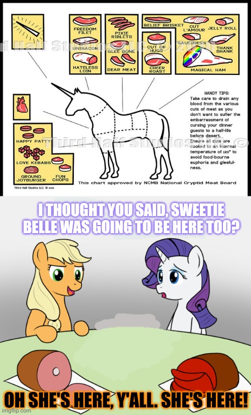 Fancy dinner | I THOUGHT YOU SAID, SWEETIE BELLE WAS GOING TO BE HERE TOO? OH SHE'S HERE, Y'ALL. SHE'S HERE! | image tagged in mlp,cannibalism,applejack,rarity,sweetie belle,nom nom nom | made w/ Imgflip meme maker
