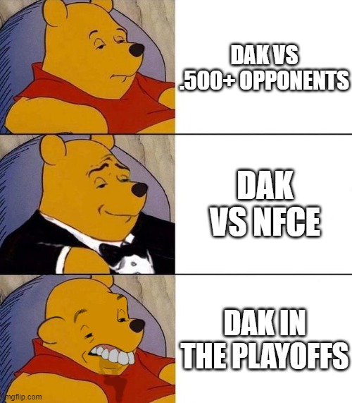 Best,Better, Blurst | DAK VS .500+ OPPONENTS; DAK VS NFCE; DAK IN THE PLAYOFFS | image tagged in best better blurst | made w/ Imgflip meme maker