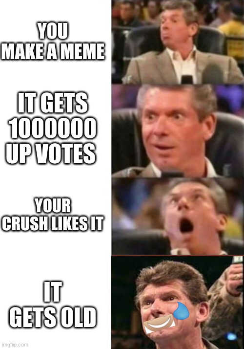 you make a meme |  YOU MAKE A MEME; IT GETS 1000000 UP VOTES; YOUR CRUSH LIKES IT; IT GETS 0LD | image tagged in mr mcmahon reaction,meme,epic | made w/ Imgflip meme maker
