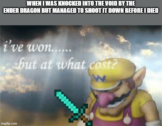 It's real | WHEN I WAS KNOCKED INTO THE VOID BY THE ENDER DRAGON BUT MANAGED TO SHOOT IT DOWN BEFORE I DIED | image tagged in i've won but at what cost | made w/ Imgflip meme maker