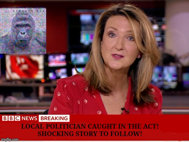 Breaking new! | LOCAL POLITICIAN CAUGHT IN THE ACT!
SHOCKING STORY TO FOLLOW! | image tagged in ban the monkee,bbc,breaking news,shocking,revelation | made w/ Imgflip meme maker