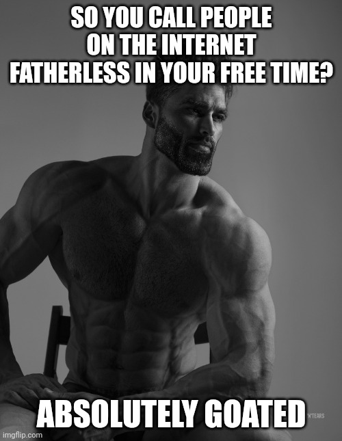 Giga Chad | SO YOU CALL PEOPLE ON THE INTERNET FATHERLESS IN YOUR FREE TIME? ABSOLUTELY GOATED | image tagged in giga chad | made w/ Imgflip meme maker