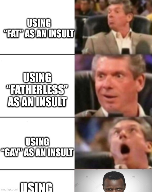 USING
“FAT” AS AN INSULT; USING
“FATHERLESS” AS AN INSULT; USING
“GAY” AS AN INSULT; USING | made w/ Imgflip meme maker