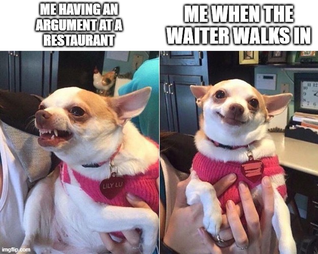 angry dog meme | ME WHEN THE WAITER WALKS IN; ME HAVING AN 
ARGUMENT AT A 
RESTAURANT | image tagged in angry dog meme,memes | made w/ Imgflip meme maker