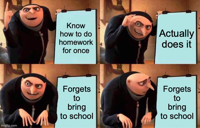 Me with my homework | Know how to do homework for once; Actually does it; Forgets to bring to school; Forgets to bring to school | image tagged in memes,gru's plan | made w/ Imgflip meme maker