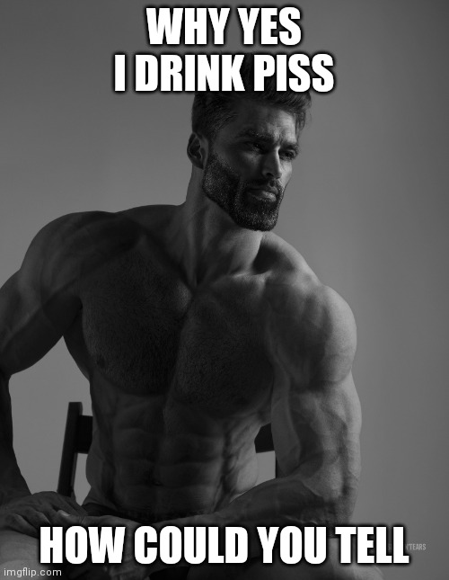 Repost if you drink piss | WHY YES I DRINK PISS; HOW COULD YOU TELL | image tagged in giga chad | made w/ Imgflip meme maker