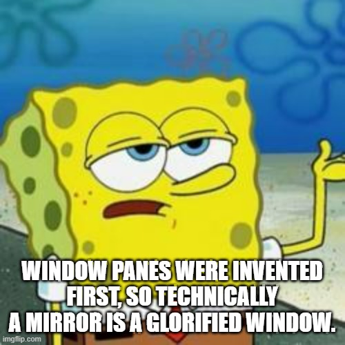 Spongebob I'll have you know | WINDOW PANES WERE INVENTED FIRST, SO TECHNICALLY A MIRROR IS A GLORIFIED WINDOW. | image tagged in spongebob i'll have you know | made w/ Imgflip meme maker
