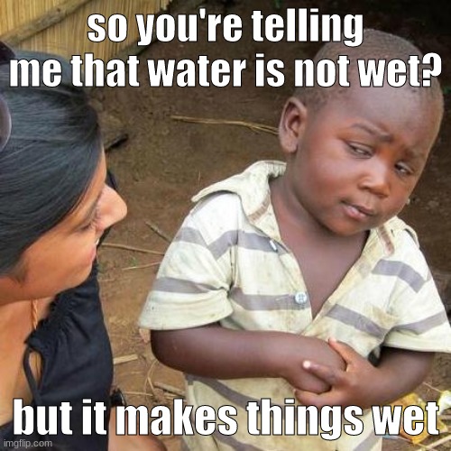 debate? | so you're telling me that water is not wet? but it makes things wet | image tagged in memes,third world skeptical kid | made w/ Imgflip meme maker