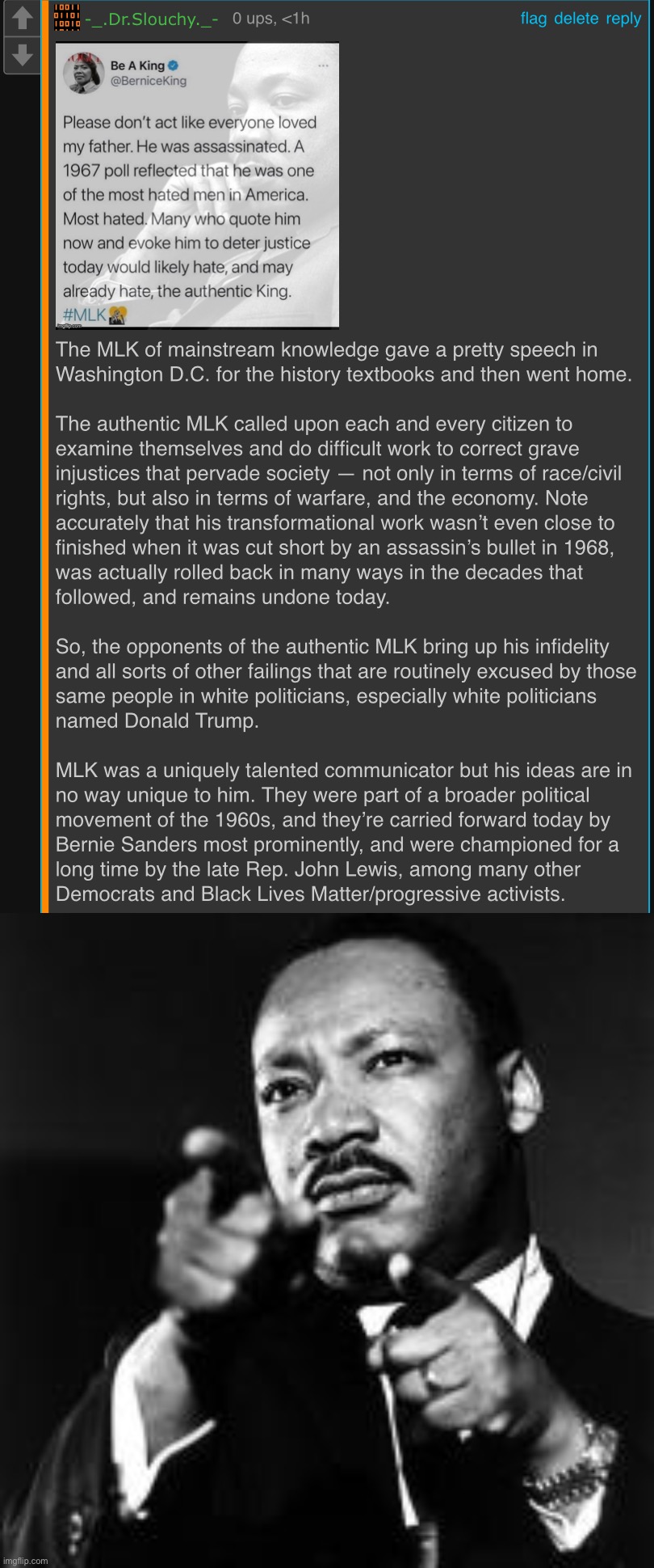 Dr. Slouchy’s MLK Day lecture. | image tagged in dr slouchy mlk day lecture,mlk finger guns | made w/ Imgflip meme maker