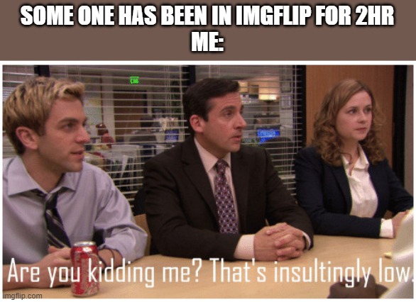 Are you kidding me? That's insultingly low. | SOME ONE HAS BEEN IN IMGFLIP FOR 2HR
ME: | image tagged in are you kidding me that's insultingly low | made w/ Imgflip meme maker