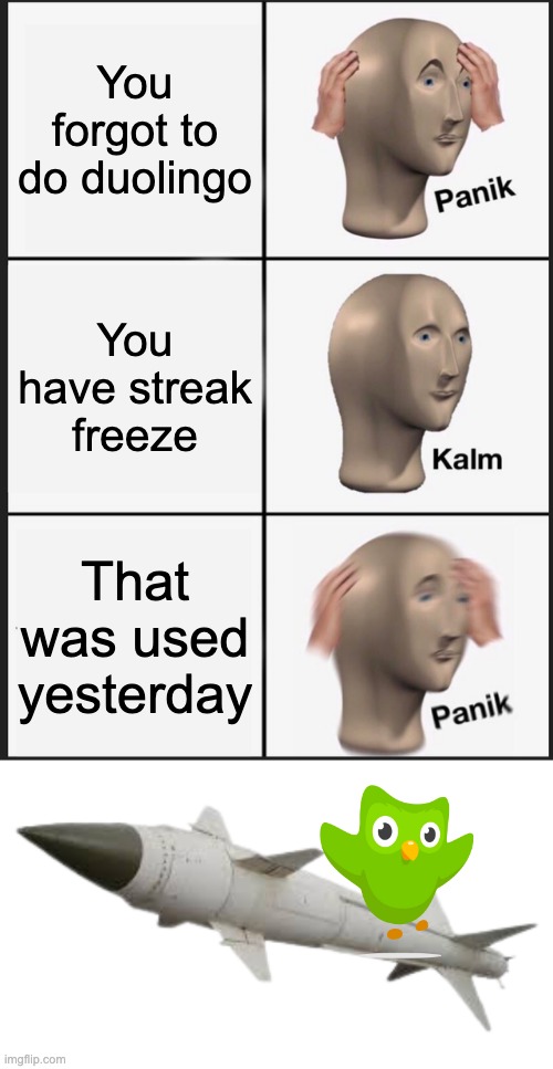 Missle incoming |  You forgot to do duolingo; You have streak freeze; That was used yesterday | image tagged in memes,panik kalm panik,missle,duolingo | made w/ Imgflip meme maker
