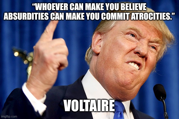 Donald Trump | “WHOEVER CAN MAKE YOU BELIEVE ABSURDITIES CAN MAKE YOU COMMIT ATROCITIES.”; VOLTAIRE | image tagged in donald trump | made w/ Imgflip meme maker