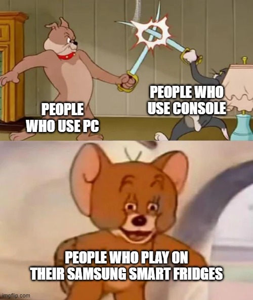 Tom and Spike fighting | PEOPLE WHO USE CONSOLE; PEOPLE WHO USE PC; PEOPLE WHO PLAY ON THEIR SAMSUNG SMART FRIDGES | image tagged in tom and spike fighting | made w/ Imgflip meme maker