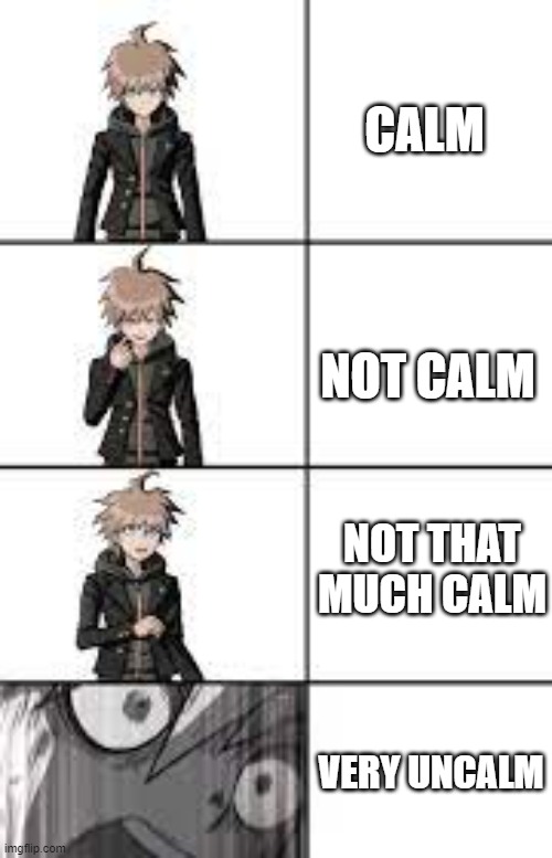 idk what to do so yes s[ "CHIAKI NANAMI" - someone who idrk ]tpost | CALM; NOT CALM; NOT THAT MUCH CALM; VERY UNCALM | image tagged in naegi's luck is running out | made w/ Imgflip meme maker