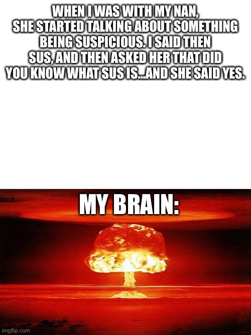 WHEN I WAS WITH MY NAN, SHE STARTED TALKING ABOUT SOMETHING BEING SUSPICIOUS. I SAID THEN SUS, AND THEN ASKED HER THAT DID YOU KNOW WHAT SUS IS…AND SHE SAID YES. MY BRAIN: | image tagged in blank white template,nuclear bomb mind blown | made w/ Imgflip meme maker