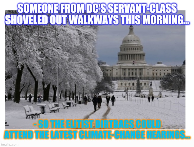 How's them Democrats working out for ya?! | SOMEONE FROM DC'S SERVANT-CLASS SHOVELED OUT WALKWAYS THIS MORNING... - SO THE ELITIST DIRTBAGS COULD ATTEND THE LATEST CLIMATE-CHANGE HEARINGS... | image tagged in liberal logic,stupid liberals | made w/ Imgflip meme maker