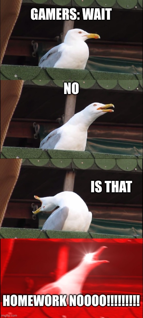 gamers | GAMERS: WAIT; NO; IS THAT; HOMEWORK NOOOO!!!!!!!!! | image tagged in memes,inhaling seagull | made w/ Imgflip meme maker