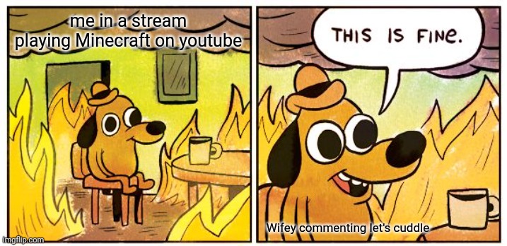 This Is Fine Meme | me in a stream playing Minecraft on youtube Wifey commenting let's cuddle | image tagged in memes,this is fine | made w/ Imgflip meme maker