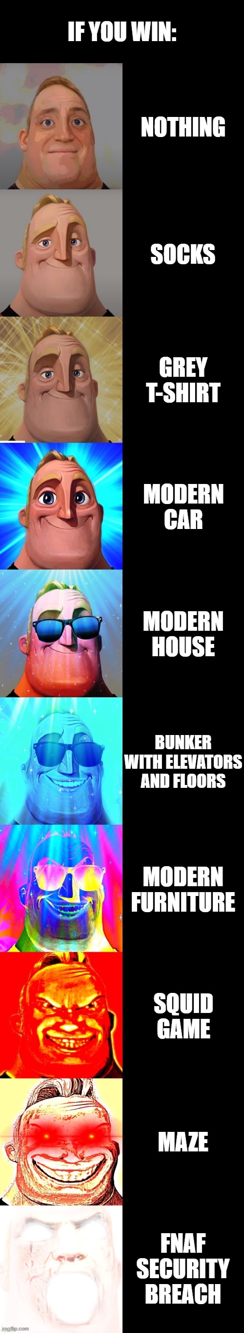 If You Win: | IF YOU WIN:; NOTHING; SOCKS; GREY T-SHIRT; MODERN CAR; MODERN HOUSE; BUNKER WITH ELEVATORS AND FLOORS; MODERN FURNITURE; SQUID GAME; MAZE; FNAF SECURITY BREACH | image tagged in mr incredible becoming canny | made w/ Imgflip meme maker