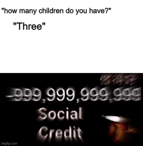 -999,999,999,999 social credit | "how many children do you have?"; "Three" | image tagged in -999 999 999 999 social credit | made w/ Imgflip meme maker