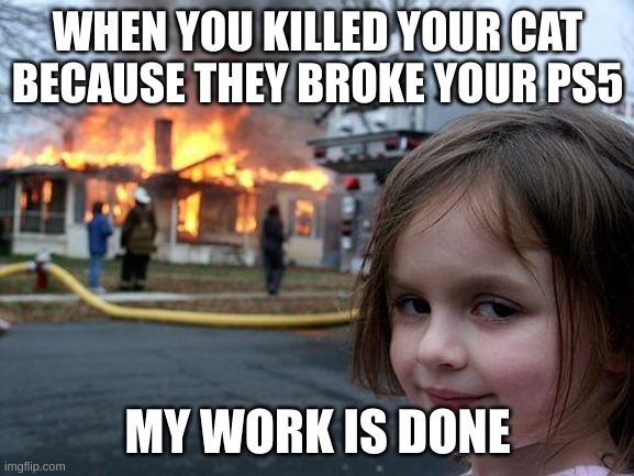 Disaster Girl | WHEN YOU KILLED YOUR CAT BECAUSE THEY BROKE YOUR PS5; MY WORK IS DONE | image tagged in memes,disaster girl | made w/ Imgflip meme maker
