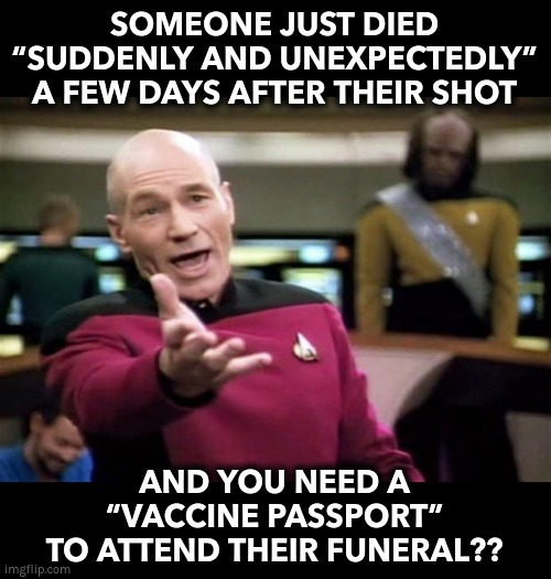 “VACCINE PASSPORT” |  SOMEONE JUST DIED “SUDDENLY AND UNEXPECTEDLY”
A FEW DAYS AFTER THEIR SHOT; AND YOU NEED A “VACCINE PASSPORT”
TO ATTEND THEIR FUNERAL?? | image tagged in startrek,covid,vaccine passport | made w/ Imgflip meme maker