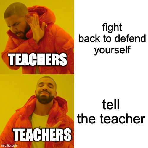 that one teacher | fight back to defend yourself; TEACHERS; tell the teacher; TEACHERS | image tagged in memes,drake hotline bling | made w/ Imgflip meme maker