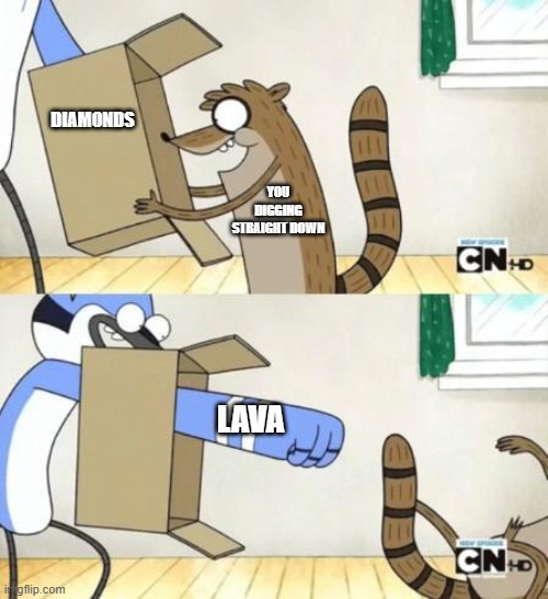 Mordecai Punches Rigby Through a Box | DIAMONDS; YOU DIGGING STRAIGHT DOWN; LAVA | image tagged in mordecai punches rigby through a box | made w/ Imgflip meme maker