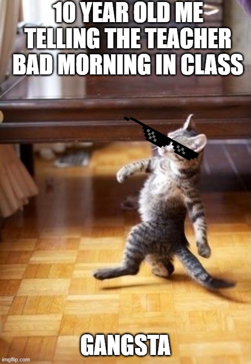 Gingsta | 10 YEAR OLD ME TELLING THE TEACHER BAD MORNING IN CLASS; GANGSTA | image tagged in memes,cool cat stroll | made w/ Imgflip meme maker