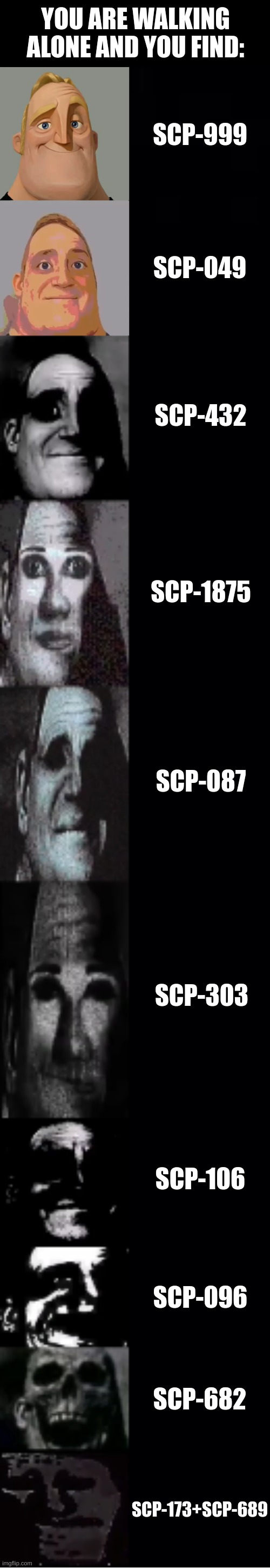 Scp thingy | YOU ARE WALKING ALONE AND YOU FIND:; SCP-999; SCP-049; SCP-432; SCP-1875; SCP-087; SCP-303; SCP-106; SCP-096; SCP-682; SCP-173+SCP-689 | image tagged in mr incredible becoming uncanny,scp | made w/ Imgflip meme maker
