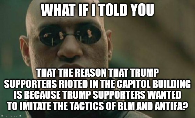 Matrix Morpheus |  WHAT IF I TOLD YOU; THAT THE REASON THAT TRUMP SUPPORTERS RIOTED IN THE CAPITOL BUILDING IS BECAUSE TRUMP SUPPORTERS WANTED TO IMITATE THE TACTICS OF BLM AND ANTIFA? | image tagged in memes,matrix morpheus | made w/ Imgflip meme maker