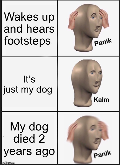 Lol | Wakes up and hears footsteps; It’s just my dog; My dog died 2 years ago | image tagged in memes,panik kalm panik | made w/ Imgflip meme maker