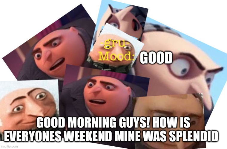 :) | GOOD; GOOD MORNING GUYS! HOW IS EVERYONES WEEKEND MINE WAS SPLENDID | made w/ Imgflip meme maker