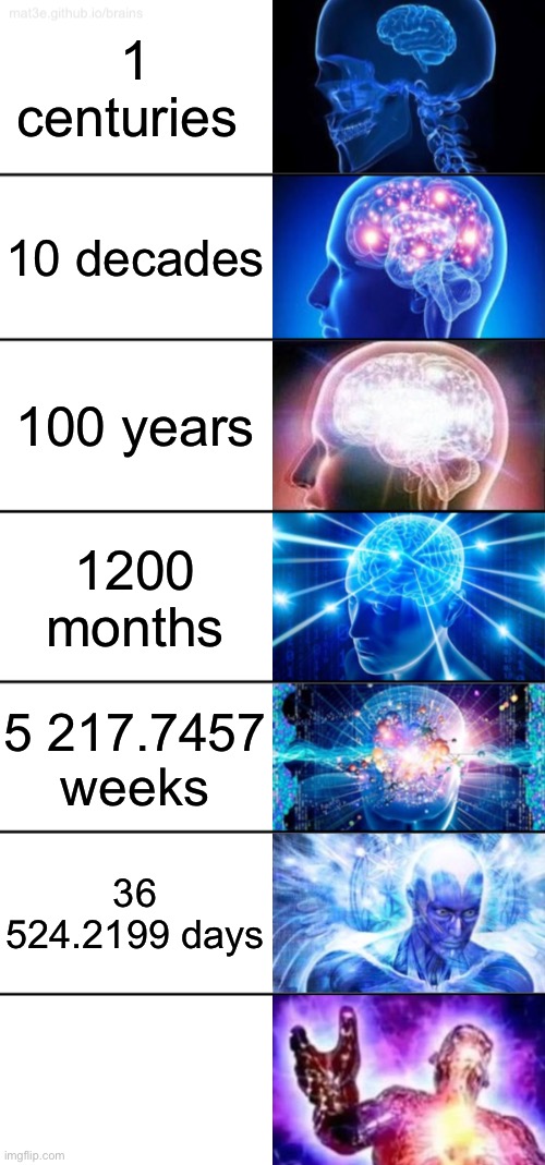 Math memes | 1 centuries; 10 decades; 100 years; 1200 months; 5 217.7457 weeks; 36 524.2199 days; 3.1556926 × 109 seconds | image tagged in 7-tier expanding brain | made w/ Imgflip meme maker