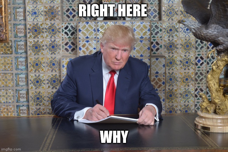 Trump Desk | RIGHT HERE WHY | image tagged in trump desk | made w/ Imgflip meme maker