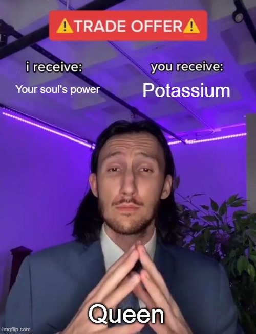 Pretty good deal if you ask me | Your soul's power; Potassium; Queen | image tagged in trade offer | made w/ Imgflip meme maker