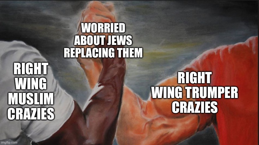 Black White Arms | WORRIED ABOUT JEWS REPLACING THEM; RIGHT WING MUSLIM CRAZIES; RIGHT WING TRUMPER CRAZIES | image tagged in black white arms | made w/ Imgflip meme maker