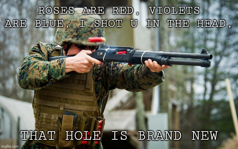 Mhm | ROSES ARE RED, VIOLETS ARE BLUE, I SHOT U IN THE HEAD, THAT HOLE IS BRAND NEW | image tagged in military,fun | made w/ Imgflip meme maker