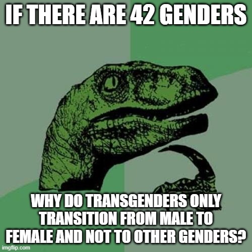 Philosoraptor | IF THERE ARE 42 GENDERS; WHY DO TRANSGENDERS ONLY TRANSITION FROM MALE TO FEMALE AND NOT TO OTHER GENDERS? | image tagged in memes,philosoraptor | made w/ Imgflip meme maker