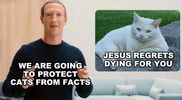 Fact Wreckers | JESUS REGRETS DYING FOR YOU; WE ARE GOING TO PROTECT CATS FROM FACTS | image tagged in feta,facebook,mark zuckerberg,facts,alternative facts,jesus | made w/ Imgflip meme maker