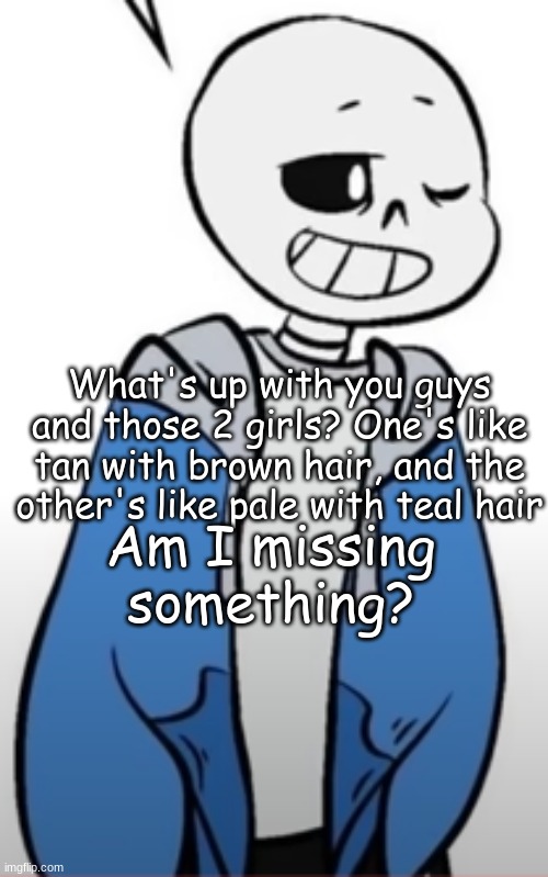 What's up with you guys and those 2 girls? One's like tan with brown hair, and the other's like pale with teal hair; Am I missing something? | made w/ Imgflip meme maker