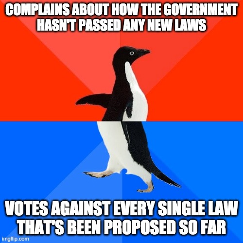 If the Nonsense Party don’t want to be called obstructionist, then what will you vote in favour of? | COMPLAINS ABOUT HOW THE GOVERNMENT
HASN'T PASSED ANY NEW LAWS; VOTES AGAINST EVERY SINGLE LAW
THAT'S BEEN PROPOSED SO FAR | image tagged in because so far,almost every vote,has been held by me | made w/ Imgflip meme maker